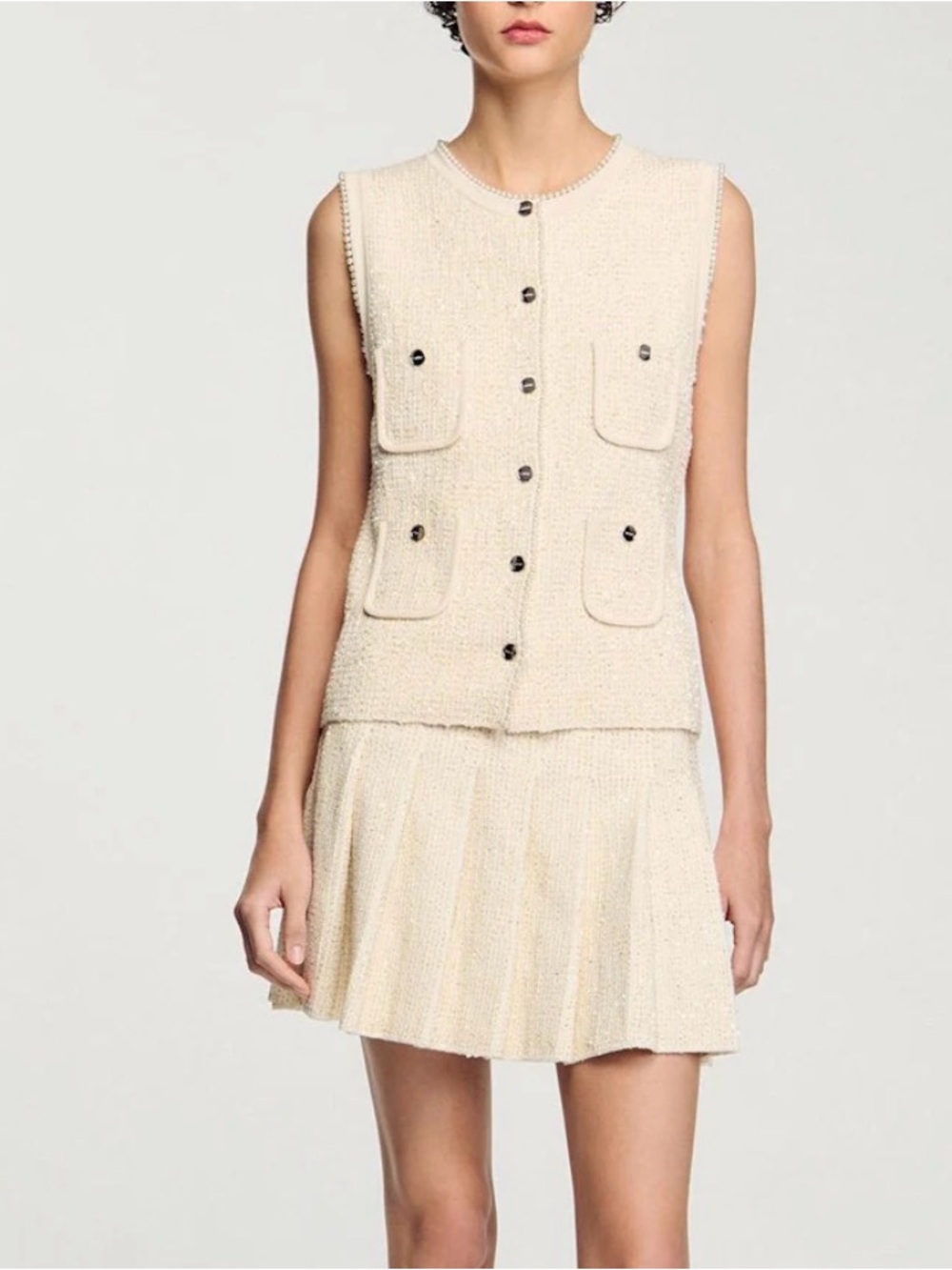 Sandro Cream Tweed Sleeveless Button Front Vest- NWT